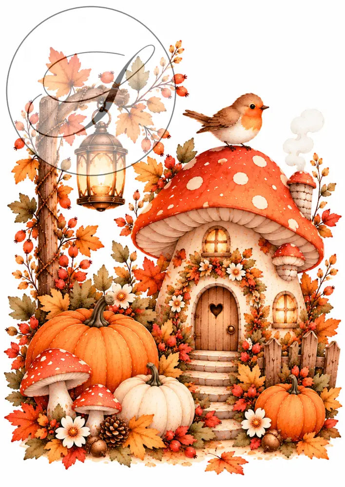 Cadeau naissance affiches prénom bébé forêt avec maison champignon orange à pois blancs et porte en bois cœur