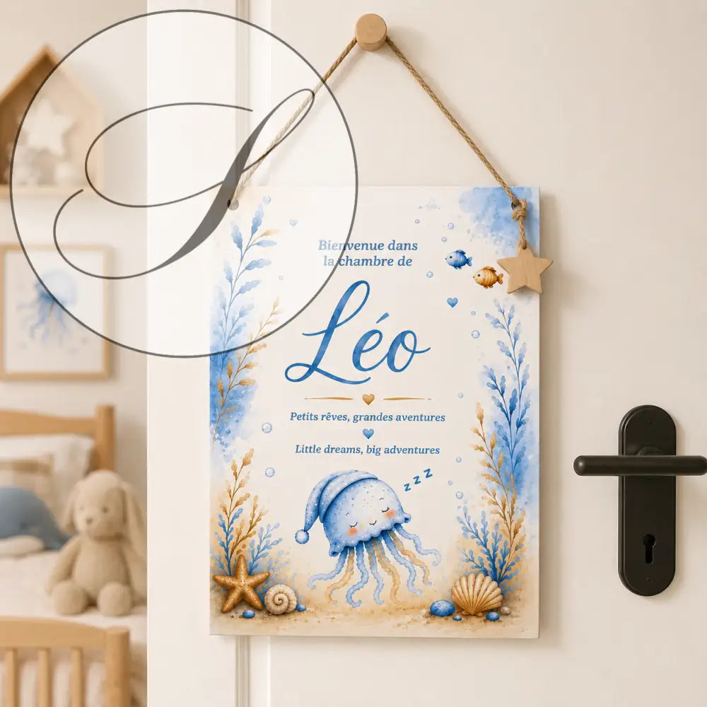 Affiche prénom personnalisée format a4 avec illustration aquarelle bleu et beige disque méduse endormie coquillages cadeau naissance numérique