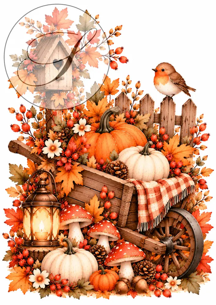 Wooden wheelbarrow overflowing with autumnal pumpkins mushrooms and foliage in cadeau naissance 4 affiches prénom bébé forêt