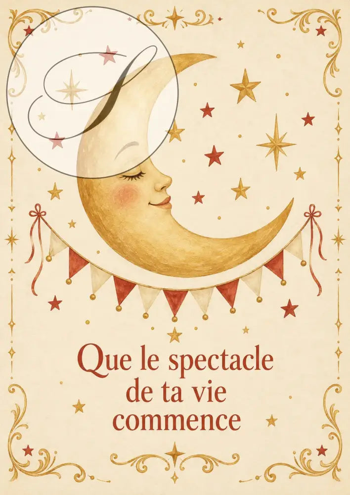 Set of 4 personalized circus posters with a smiling golden moon, decorative baby gift