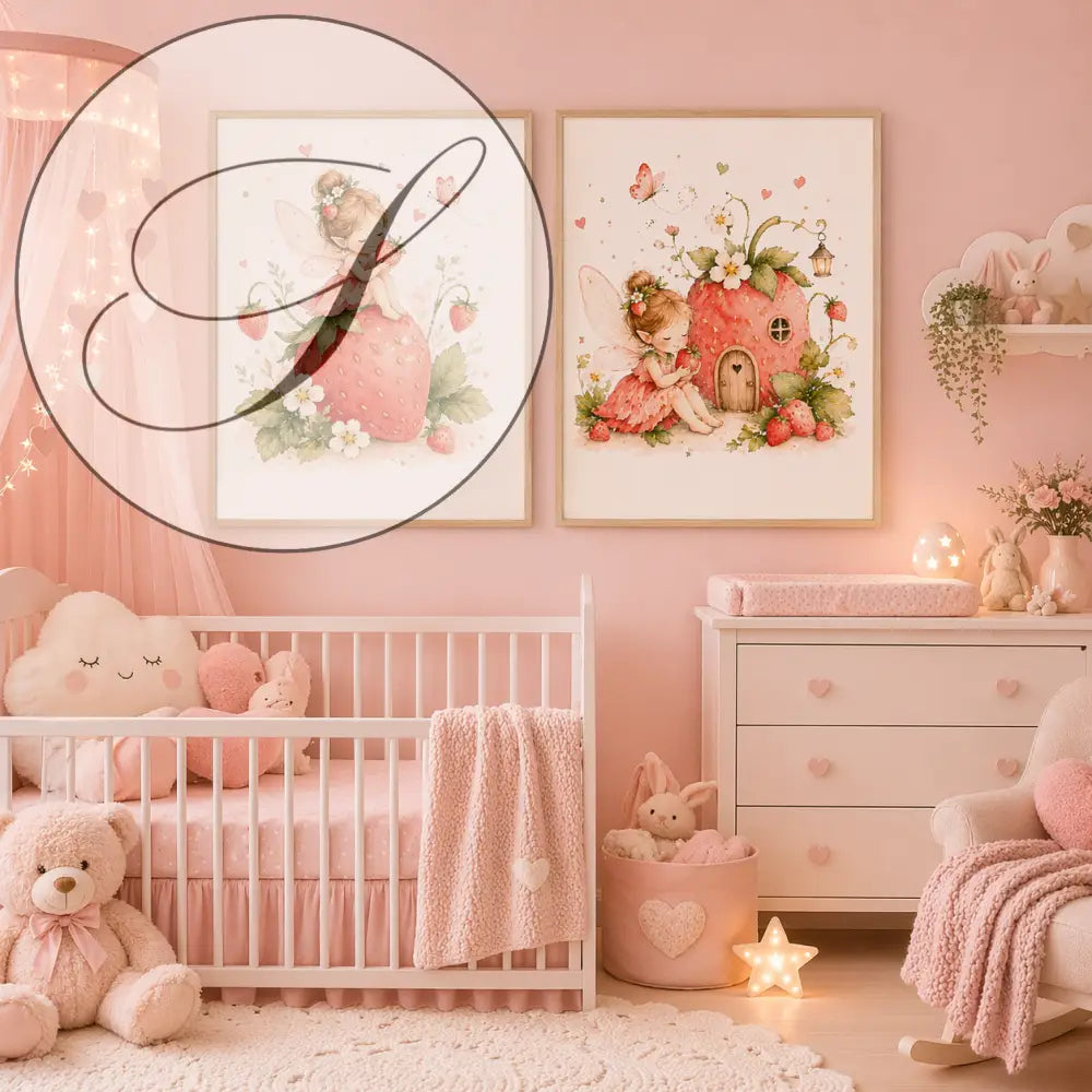 Affiche chambre bébé fille fée fraise rose encadrée pour deco chambre enfant à imprimer