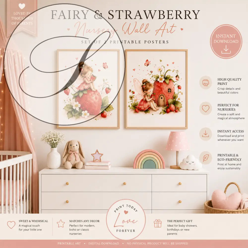 Affiche chambre bébé avec déco enfant à imprimer fée fraise en tons pastels encadrée en bois clair