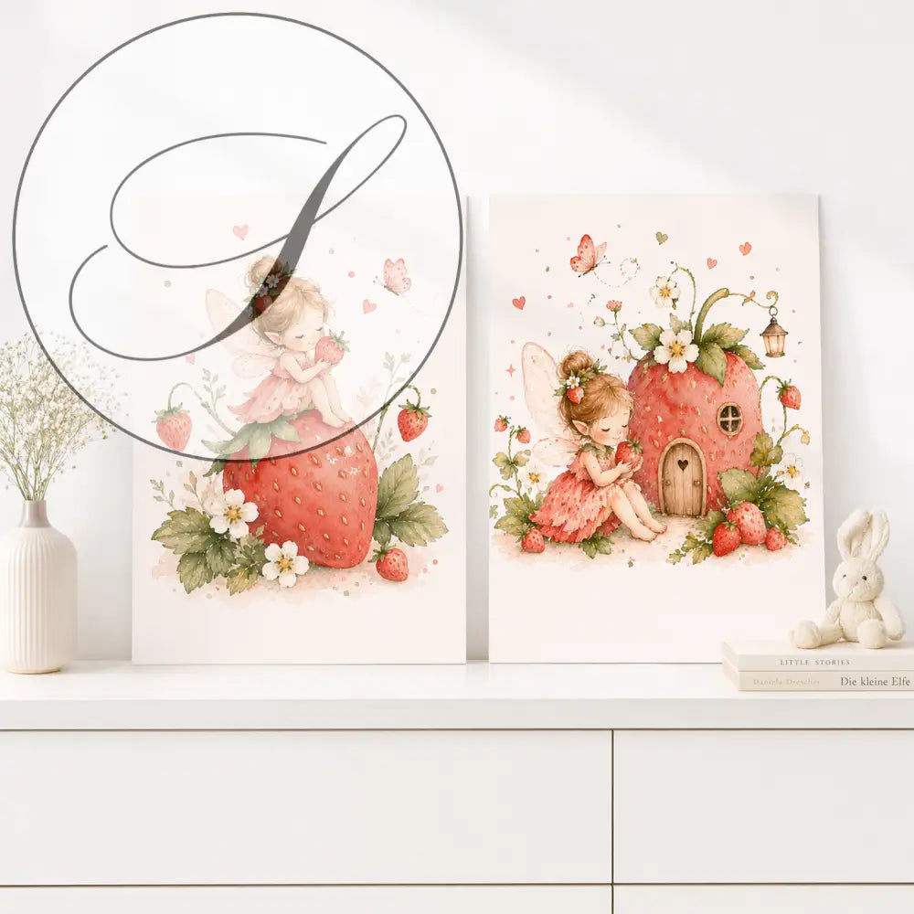 Deux affiches chambre bébé fée fraise avec illustrations de fées, fleurs blanches et papillons en tons rose et rouge