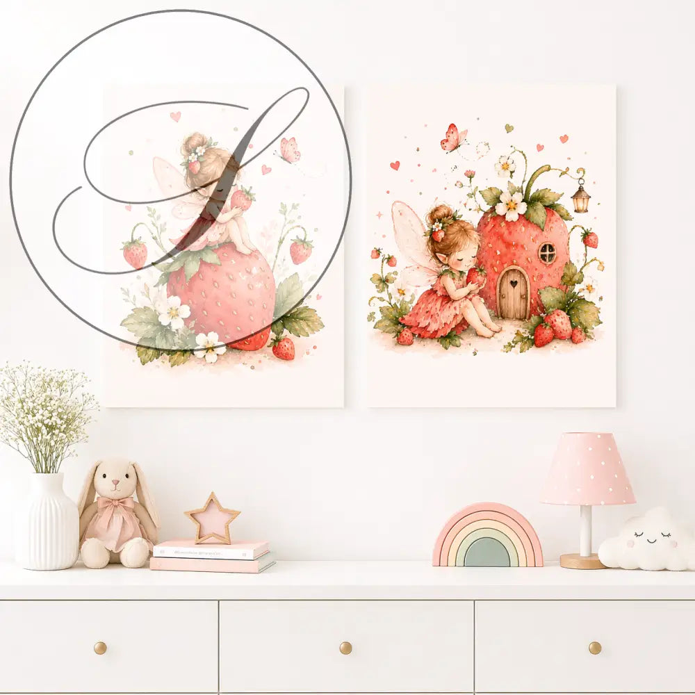 Deux affiches chambre bébé fille fée fraise avec illustrations aquarelle de fées roses et fraises sur fond crème