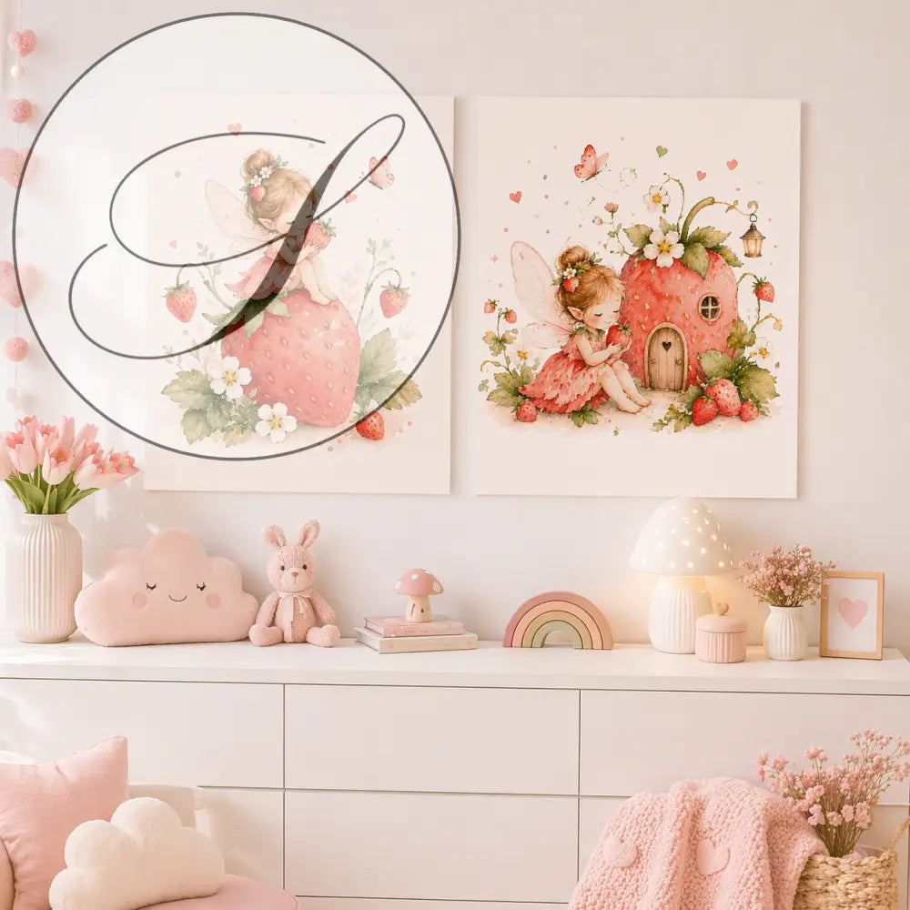 Deux affiches chambre bébé avec fées fraises en aquarelle rose et déco chambre enfant sur fond crème