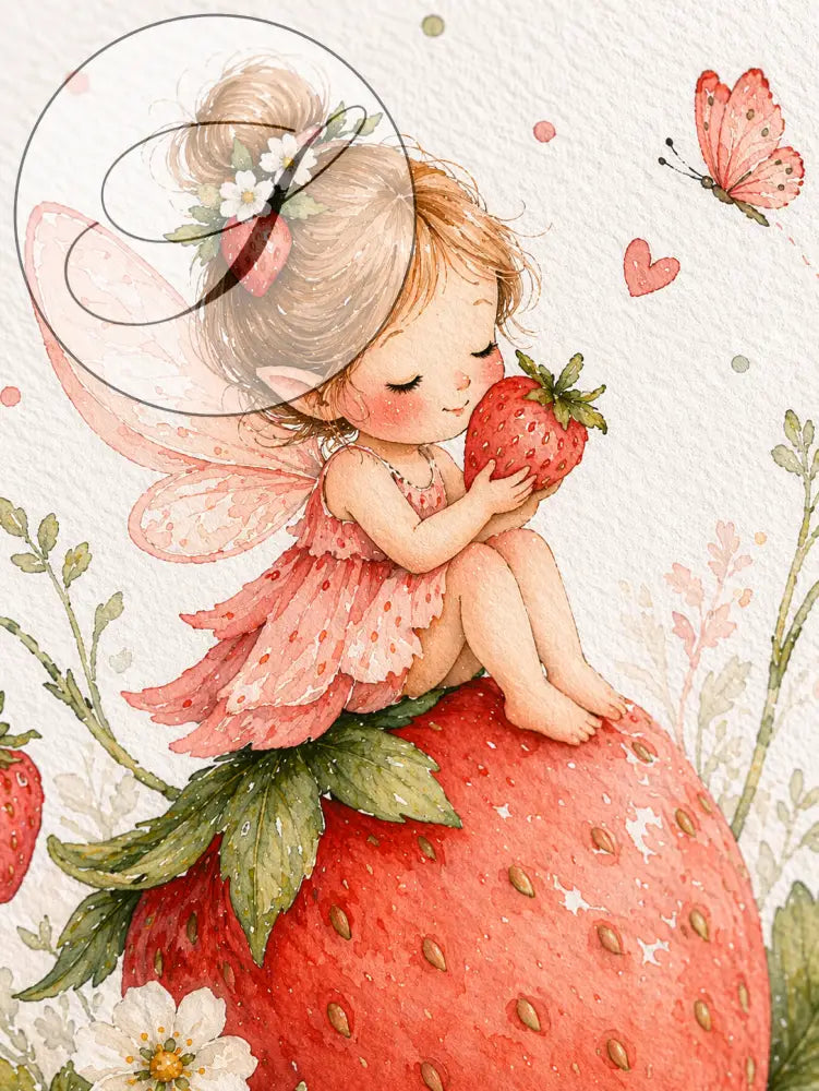 Affiche chambre bébé fille fée et fraise avec une fée délicate sur une fraise géante pour cadeau naissance déco bébé fille