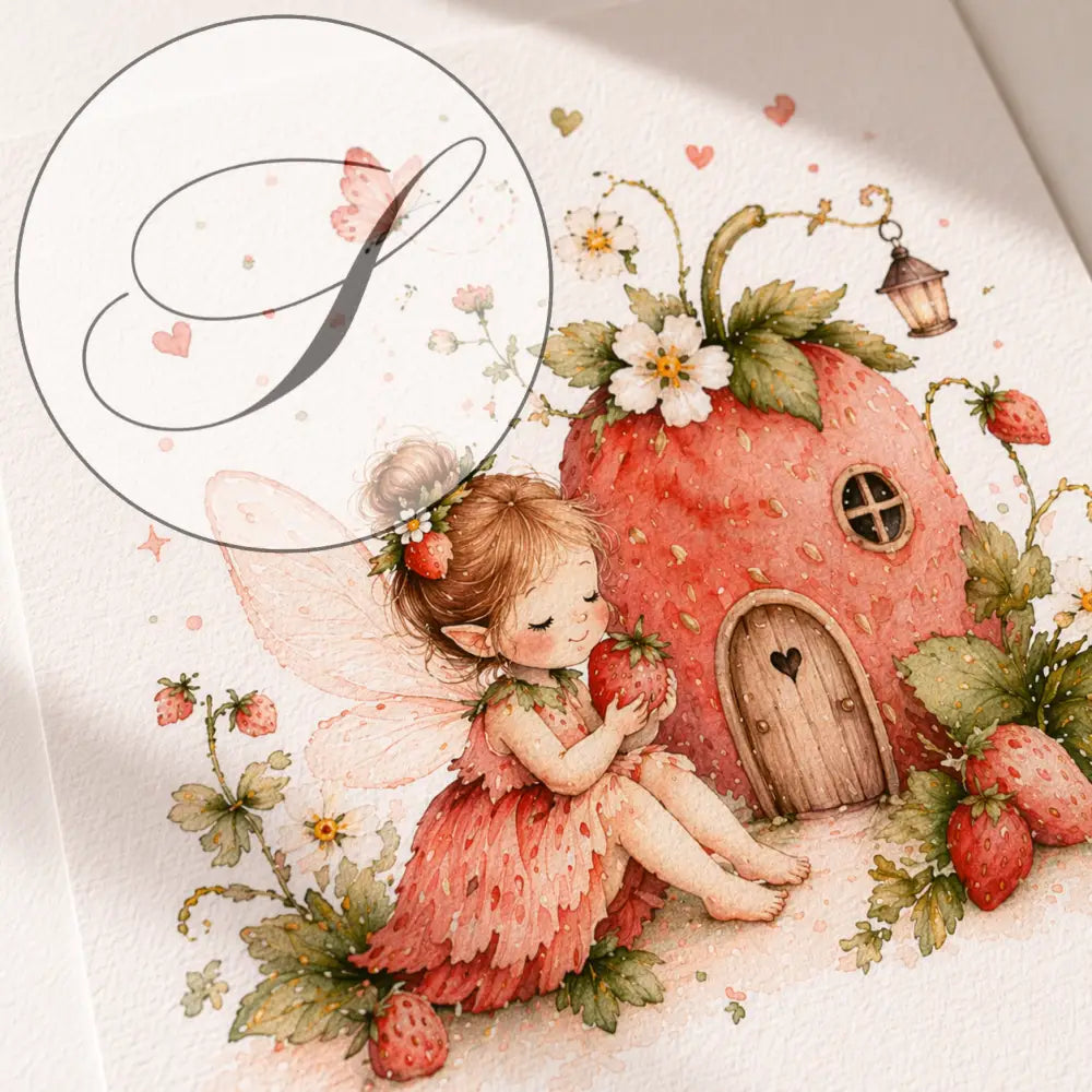Affiche chambre bébé fille avec illustration délicate de fée fraise en aquarelle pour deco chambre enfant