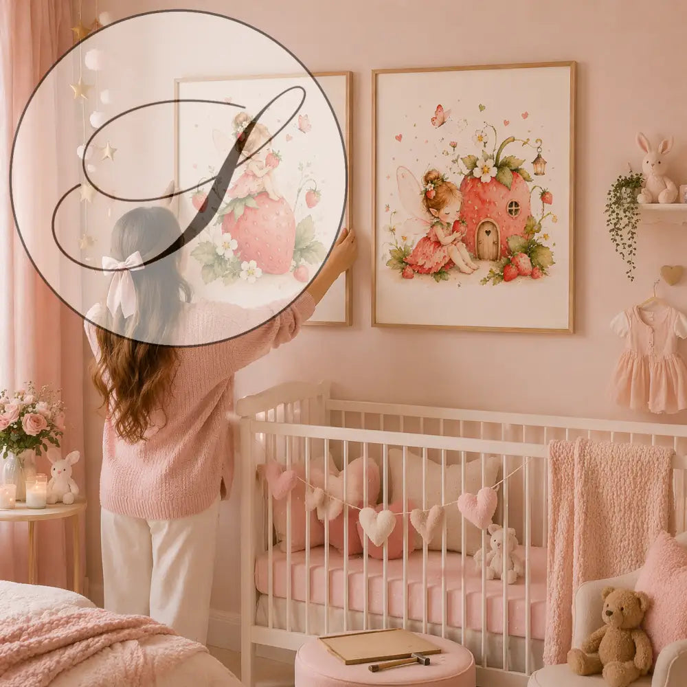 Affiche chambre bébé fille avec illustrations de fées fraises et déco chambre délicate avec fleurs et papillons