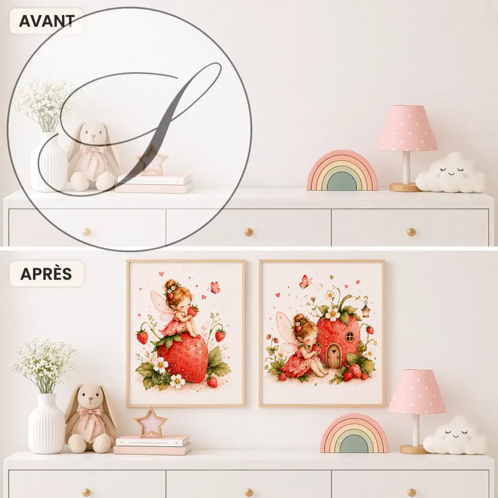 Deux affiches chambre bébé fille fée et fraise en pastel avec illustrations féeriques parfaites comme cadeau naissance et déco chambre bebe fille