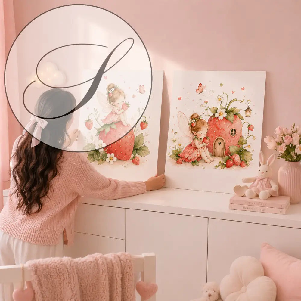 Deux affiches chambre bébé avec illustrations féeriques de fraises et fleurs dans une deco chambre rose pâle