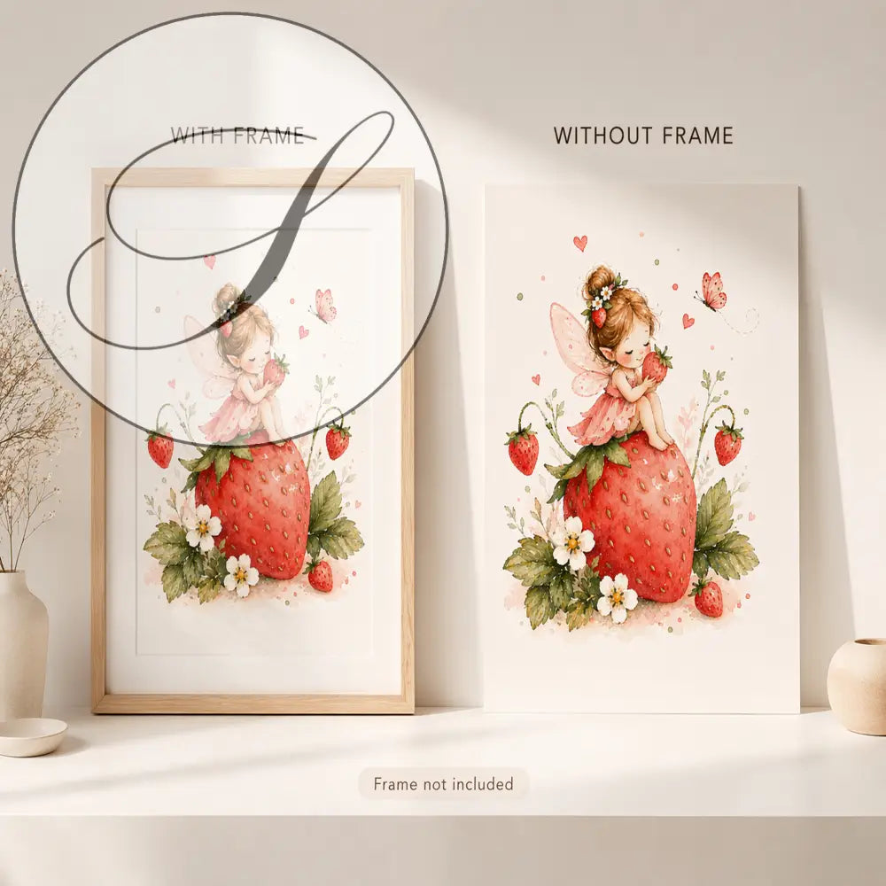 Affiche chambre bébé avec fée rose assise sur une fraise rouge déco chambre enfant à imprimer