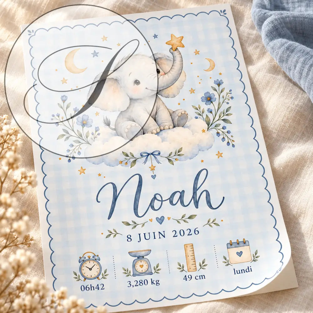 Carte annonce naissance bleu et blanc à carreaux avec éléphant gris sur nuages pour cadeau naissance personnalisé bébé
