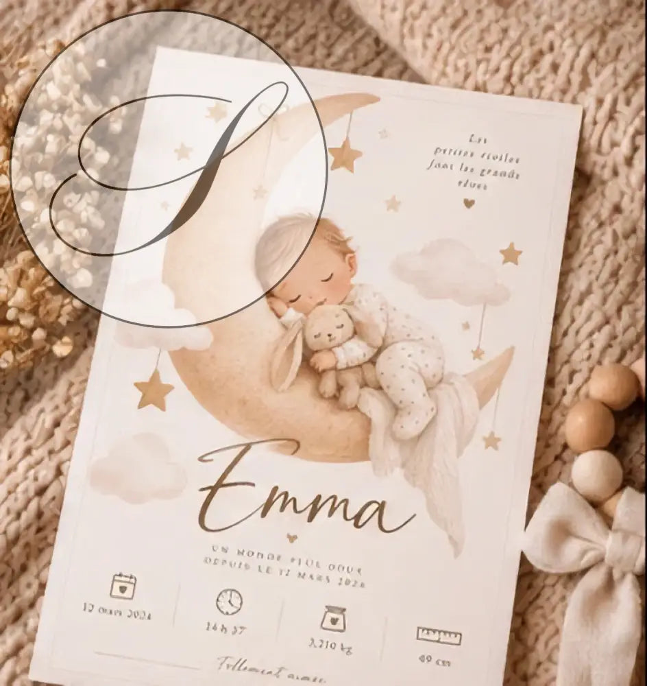 Affiche de naissance personnalisée bébé lune crème avec illustration douce pastel cadeau naissance idéal baptême