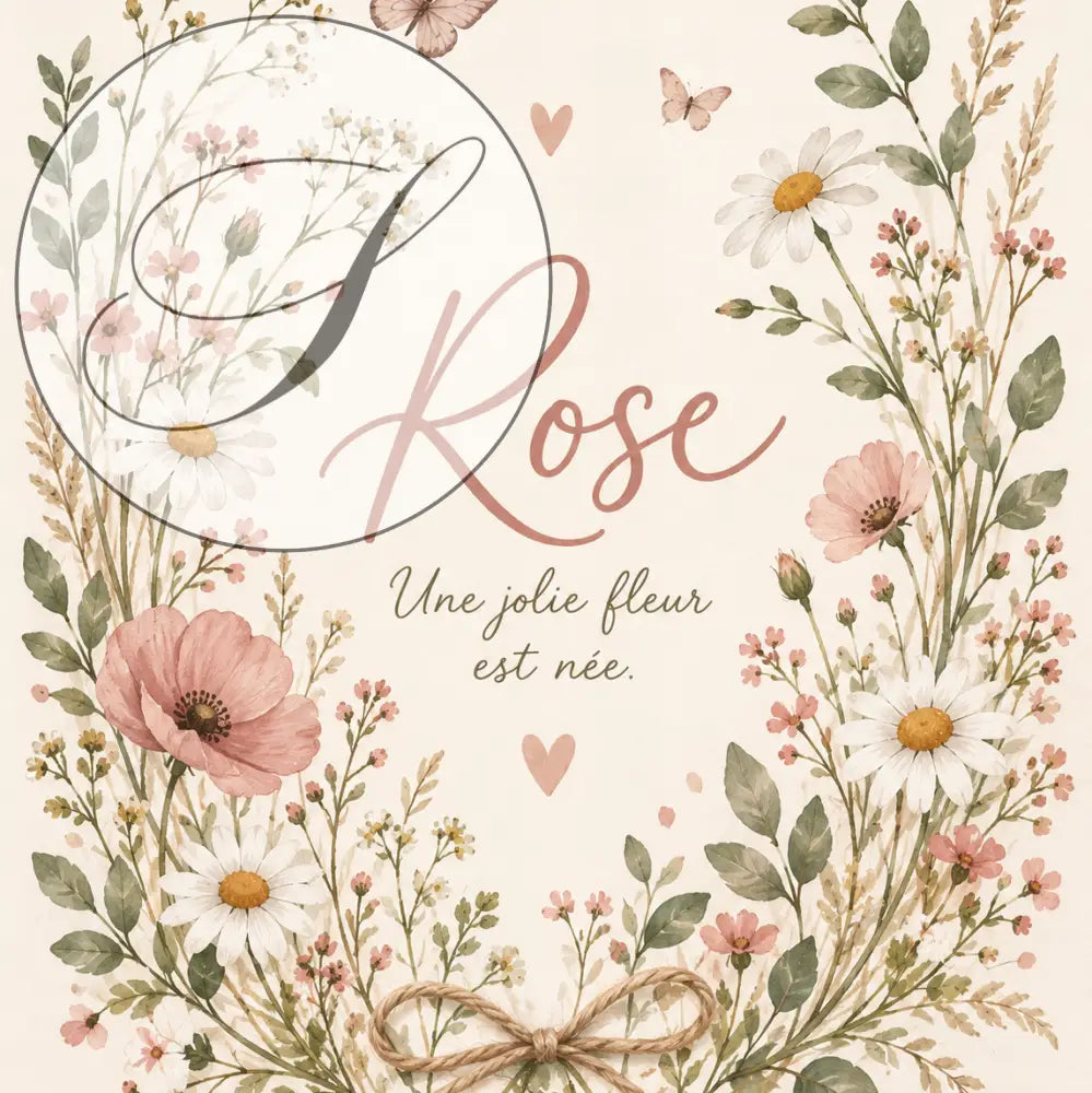 Cadeau naissance affiche prénom fleurie avec une couronne florale aquarelle rose blanc et un noeud en ficelle rustique