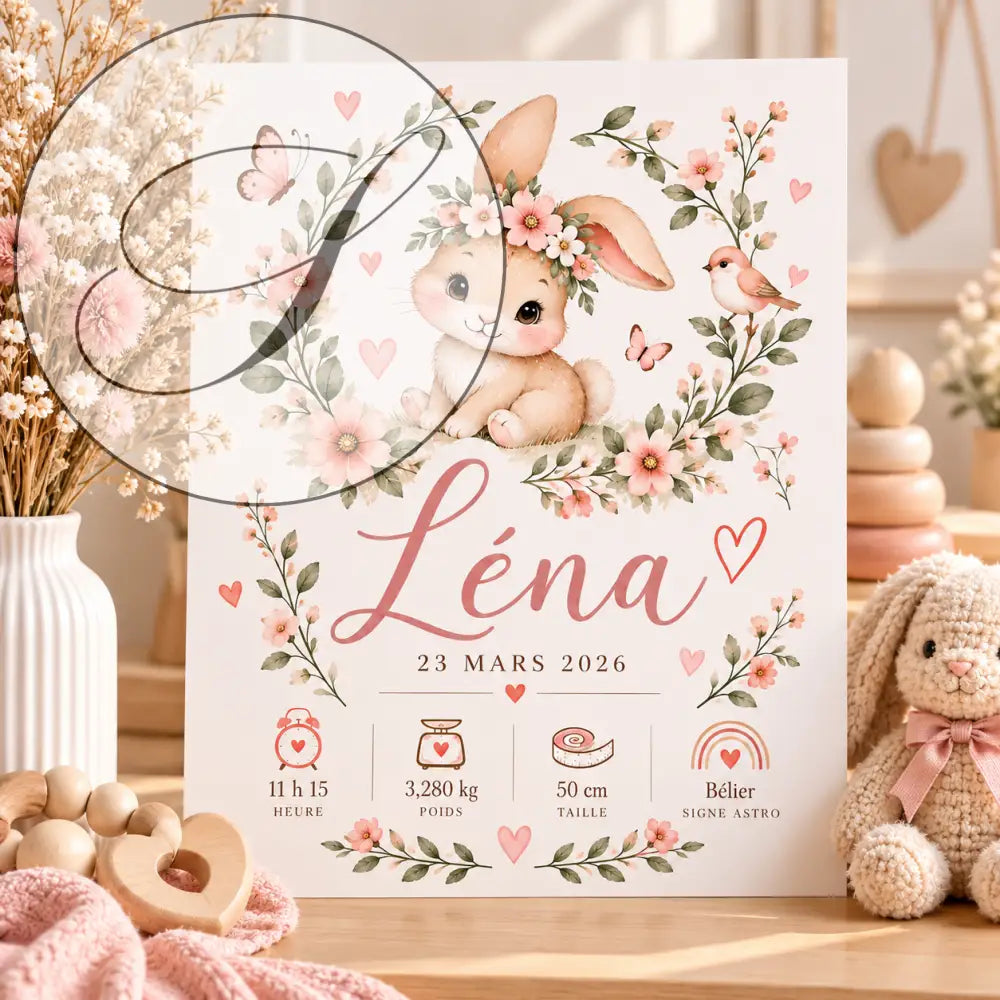 Affiche de naissance personnalisée lapin fleuri en rose poudré avec un lapin, fleurs, papillons, cœurs pour baby shower
