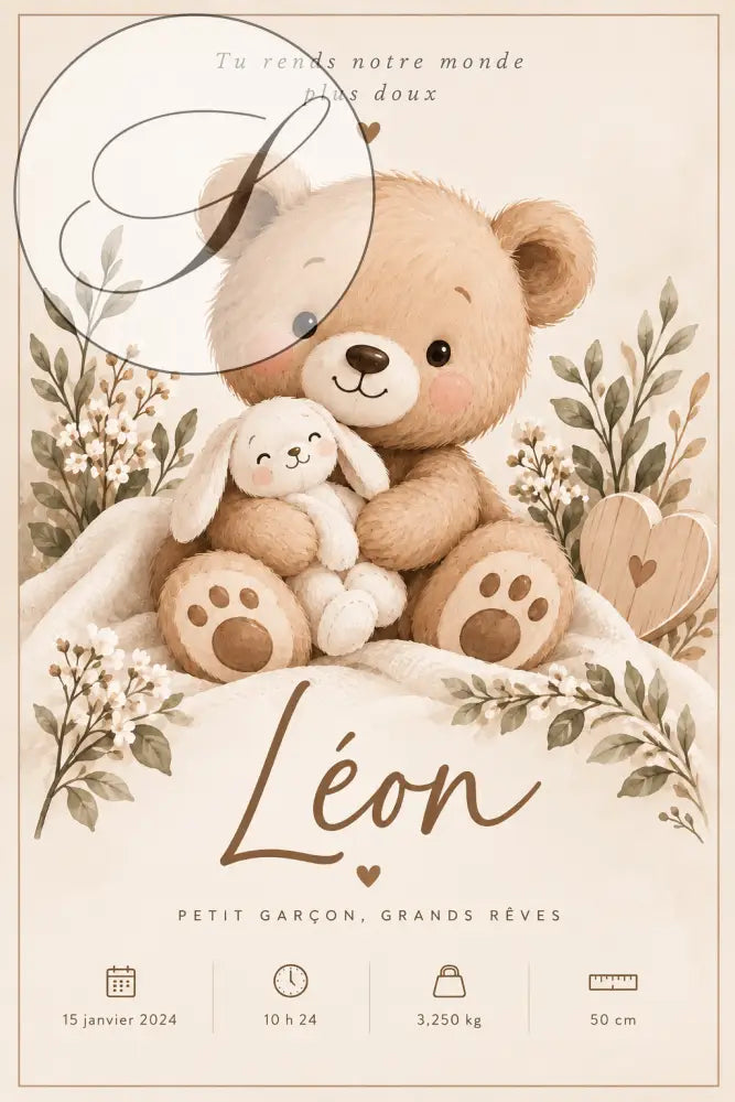 Affiche de naissance personnalisée ourson avec prénom, date, heure, poids et taille, cadeau personnalisé bébé