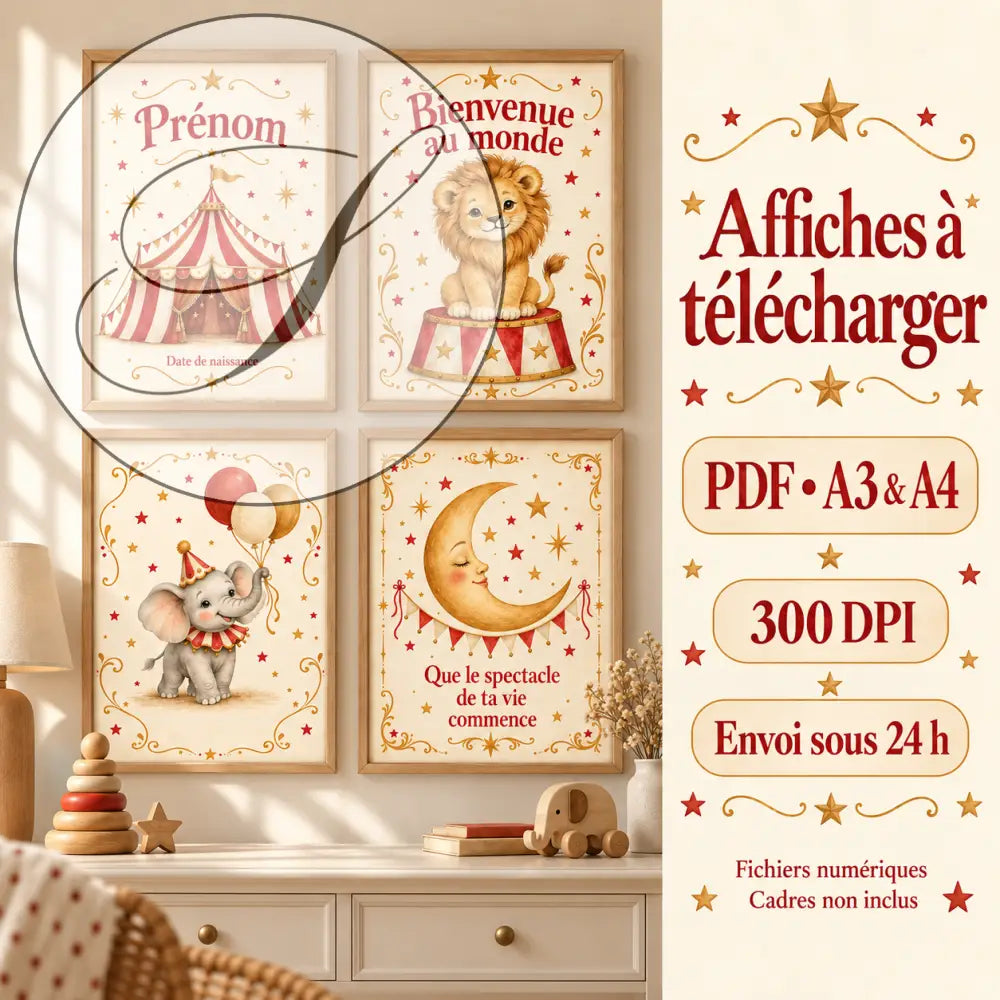 Set of 4 personalized circus birth posters with a lion, elephant and striped big top on cream, baby gift