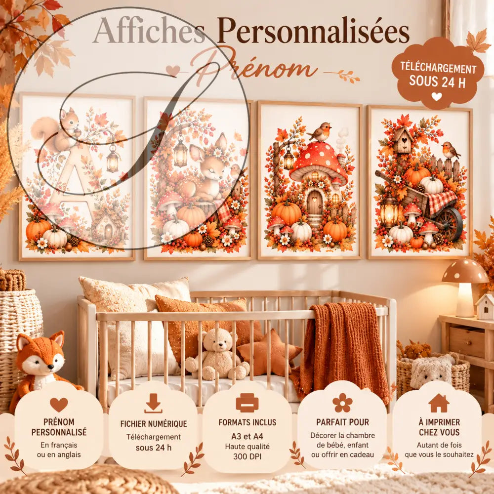 Ensemble de quatre affiches murales personnalisées cadeau naissance bébé forêt aux tons chauds automnaux avec animaux et citrouilles