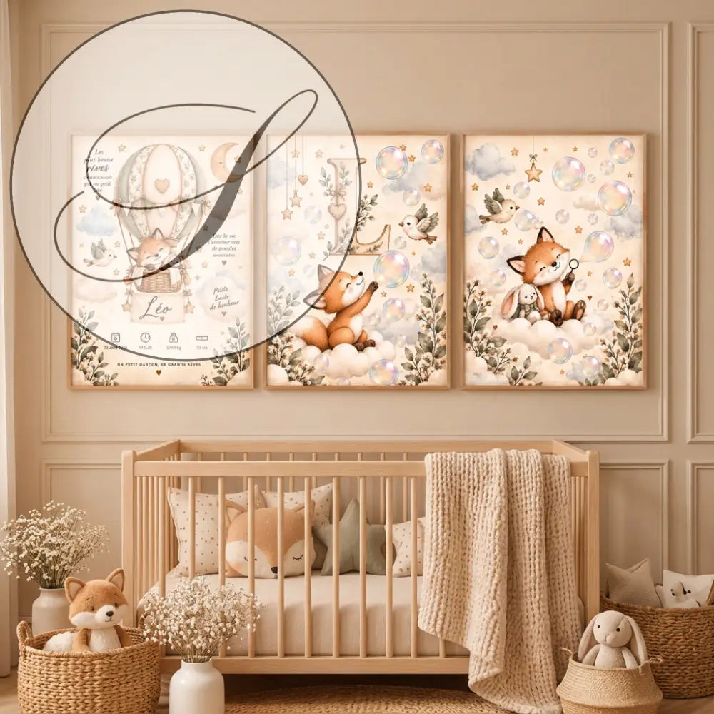 Cadeau de naissance : 3 posters personnalisés renard encadrés au-dessus d’un lit bébé en bois, chambre beige
