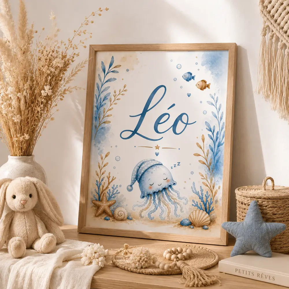 Affiche personnalisée prénom  bebe en format a4 avec une méduse bleue -cadeau naissance 