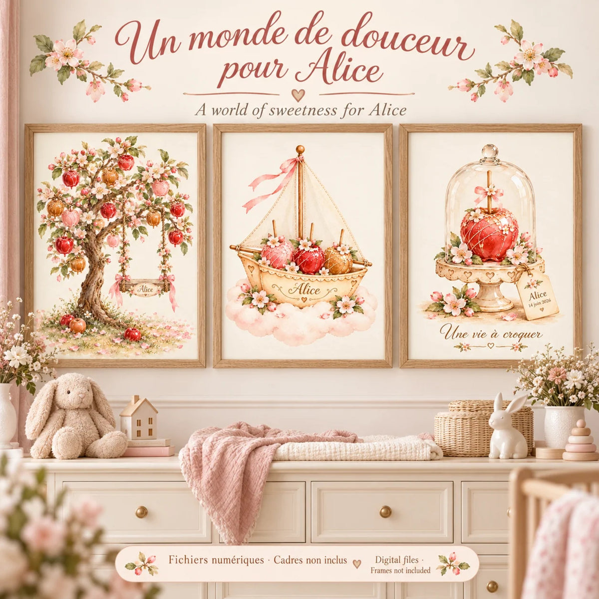 Cadeau naissance fille : 3 affiches personnalisées pommier à balançoire, voilier et pomme d'amour sous cloche au prénom de bébé, encadrées dans une chambre de bébé rose