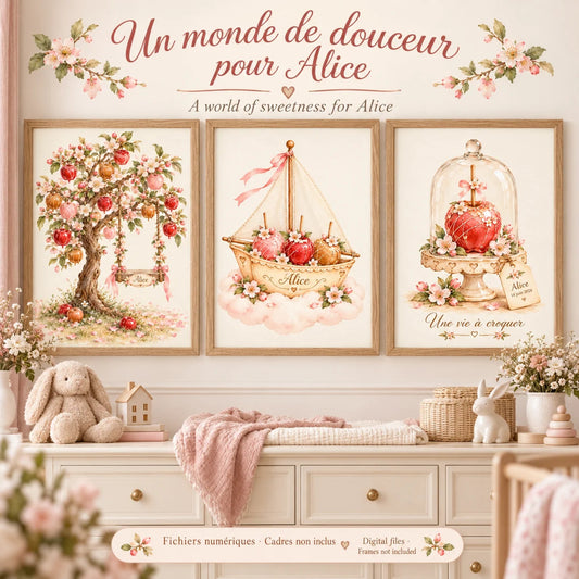 Cadeau naissance fille : 3 affiches personnalisées pommier à balançoire, voilier et pomme d'amour sous cloche au prénom de bébé, encadrées dans une chambre de bébé rose