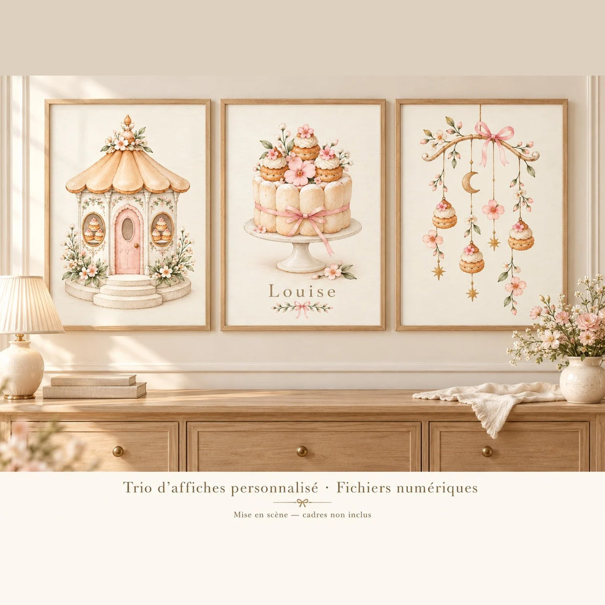 Cadeau naissance fille : 3 affiches personnalisées kiosque pâtisserie, charlotte aux choux au prénom de bébé et mobile, encadrées au-dessus d'une commode