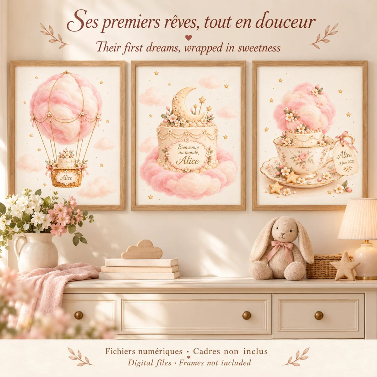 Cadeau naissance fille : 3 affiches personnalisées gâteau lune, montgolfière et tasse en barbe à papa rose au prénom de bébé, au-dessus d'une commode
