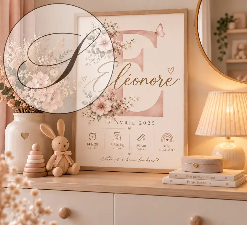 Affiche de naissance personnalisée cadeau naissance avec prénom éléonore en doré et fleurs roses et vertes délicates