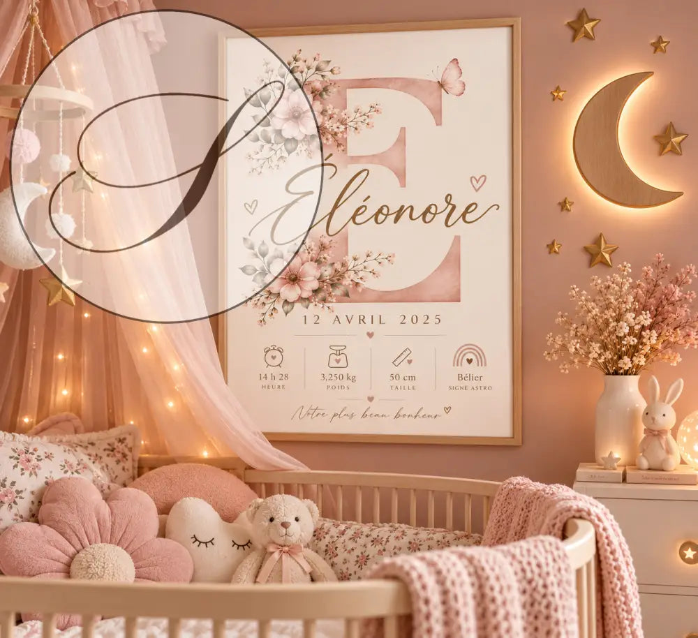 Affiche de naissance personnalisée rose poudré avec lettre e fleurie et détails bébé idéale cadeau naissance