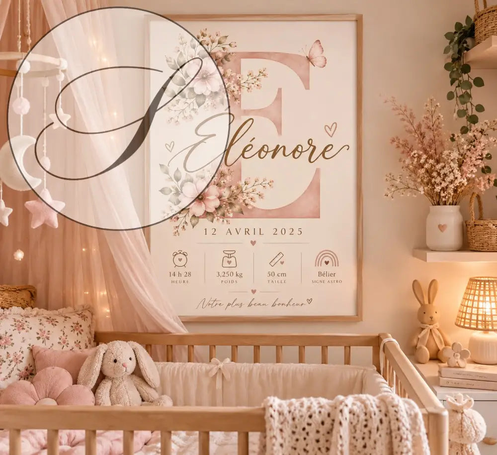 Affiche de naissance personnalisée cadeau naissance avec lettre e rose poudré fleurs et papillons prénom élégante
