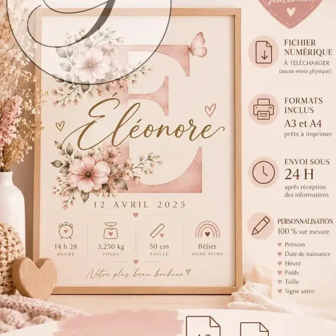 Affiche de naissance personnalisée cadeau naissance avec prénom eléonore en doré et bordure bois clair rose poudré