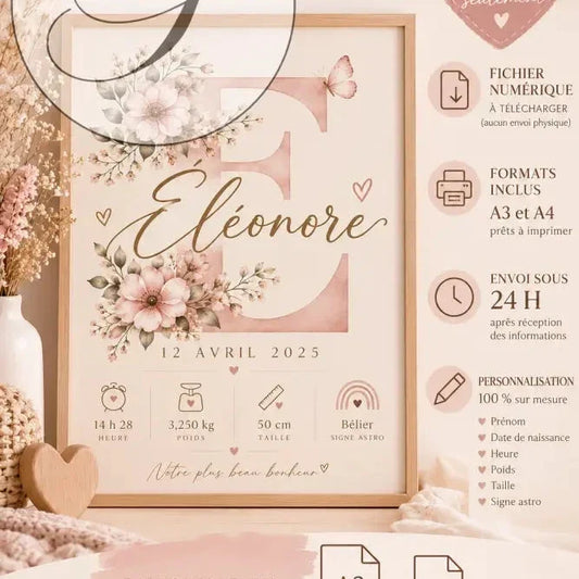 Affiche de naissance personnalisée cadeau naissance avec prénom eléonore en doré et bordure bois clair rose poudré