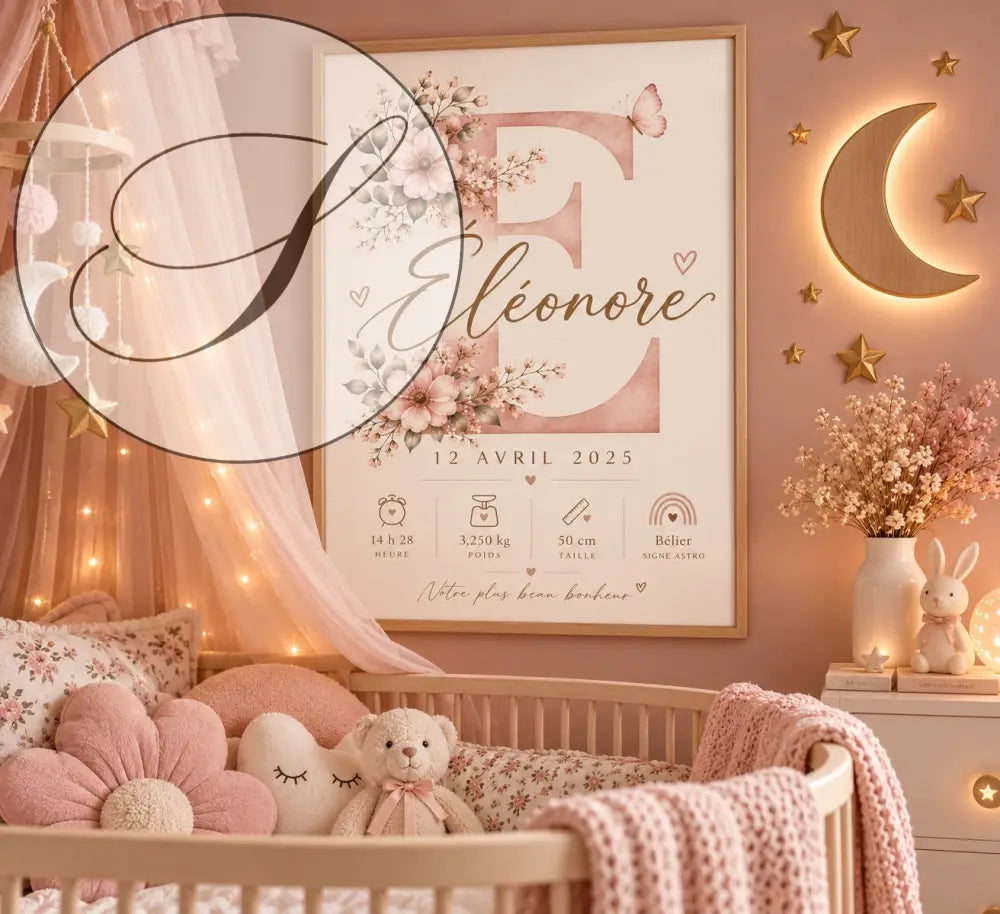 Affiche de naissance personnalisée cadeau naissance avec monogramme e rose poudré et illustrations florales délicates