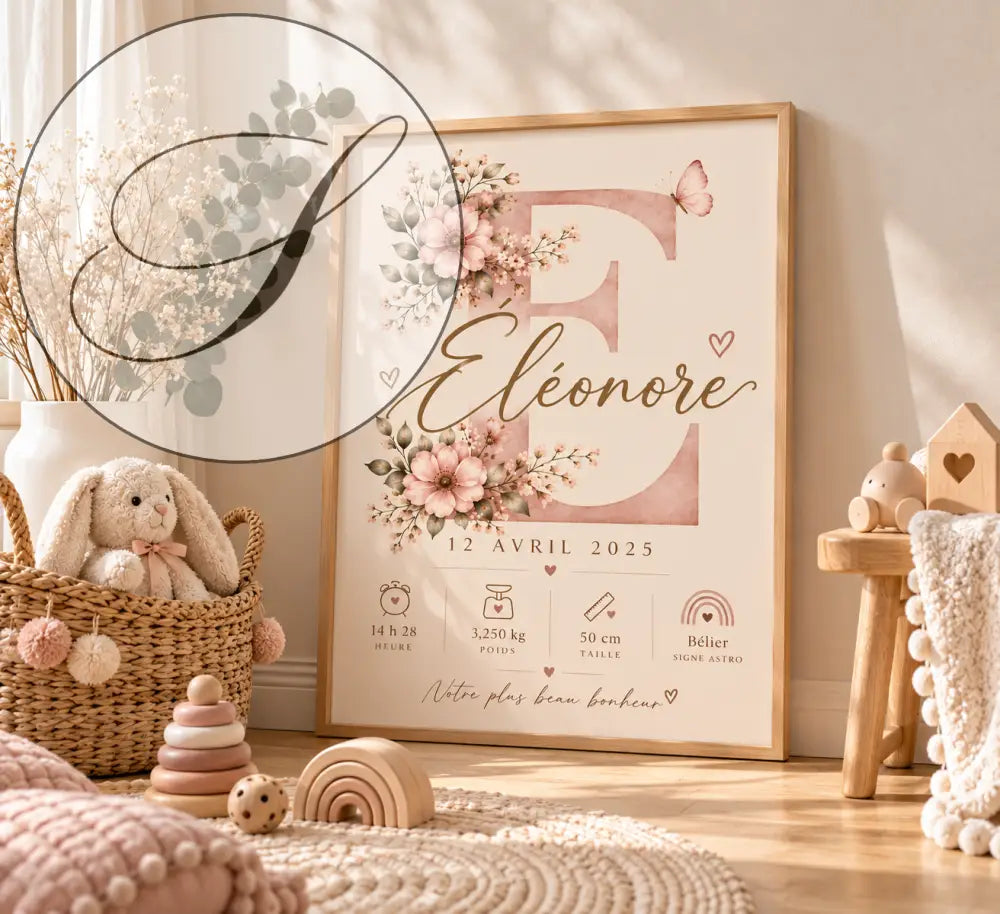 Affiche de naissance personnalisée cadeau naissance avec lettre e rose poudré fleurie et prénom éléonore en doré