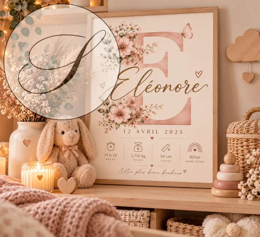 Affiche de naissance personnalisée cadre éléonore en or avec fleurs roses et papillon cadeau naissance rose poudré