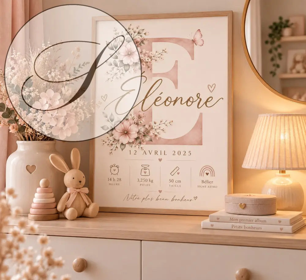 Affiche de naissance personnalisée rose poudré avec lettre e fleurie et papillons idéale comme cadeau naissance