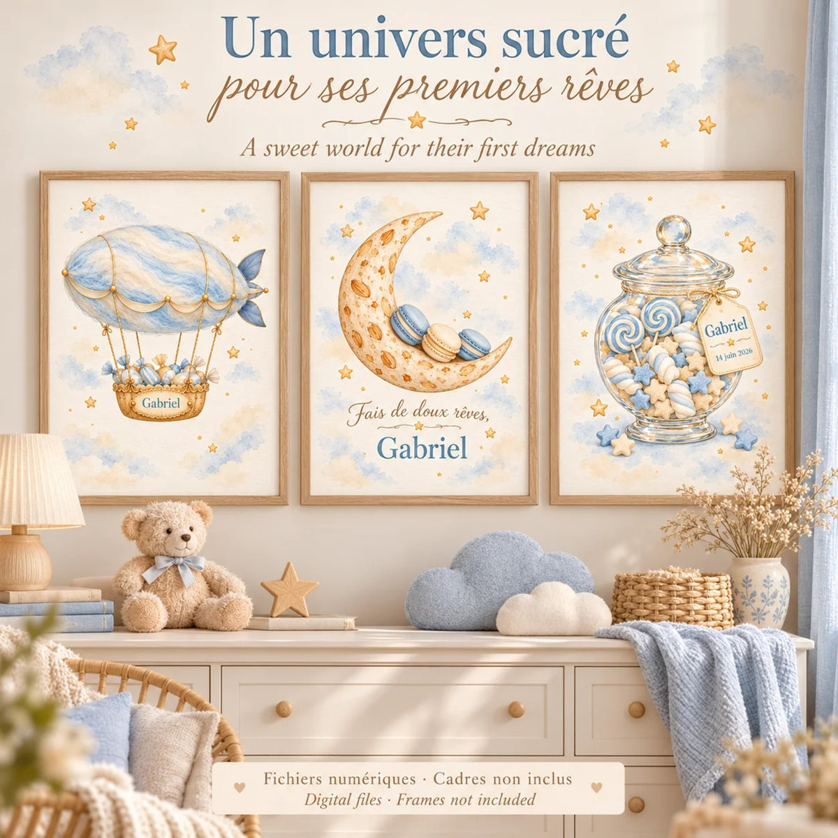 Cadeau naissance garçon : 3 affiches personnalisées dirigeable, lune et bocal de bonbons au prénom de bébé, un univers sucré bleu au-dessus d'une commode