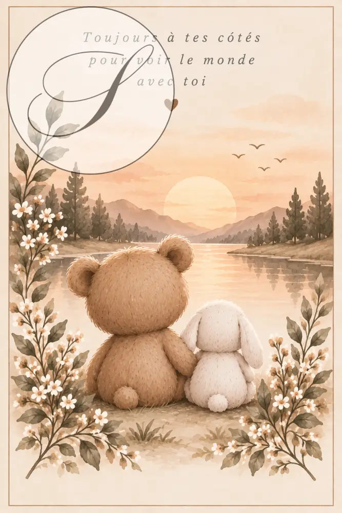 Affiche ourson et lapin face à un lac au coucher du soleil, citation Toujours à tes côtés