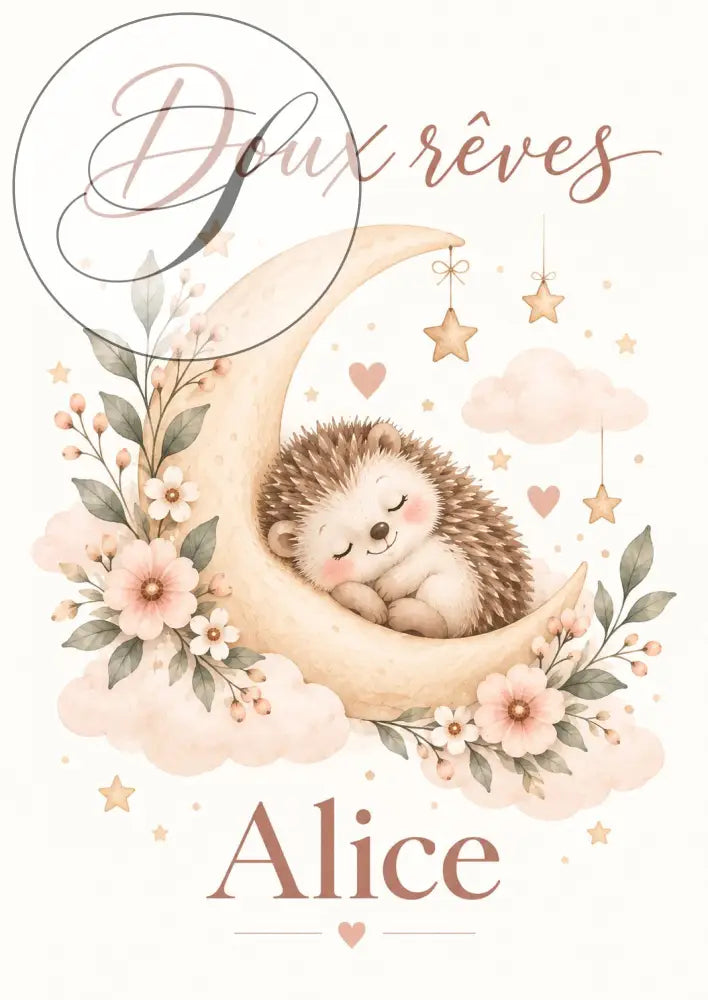 Affiche bébé hérisson personnalisée cadeau naissance avec illustration pastel d’un hérisson endormi sur lune crème