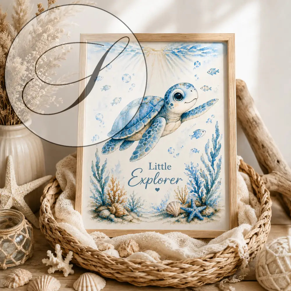 Un cadre affiche aquarelle tortue marine bleue nageant parmi coraux et poissons avec texte little explorer cadeau naissance