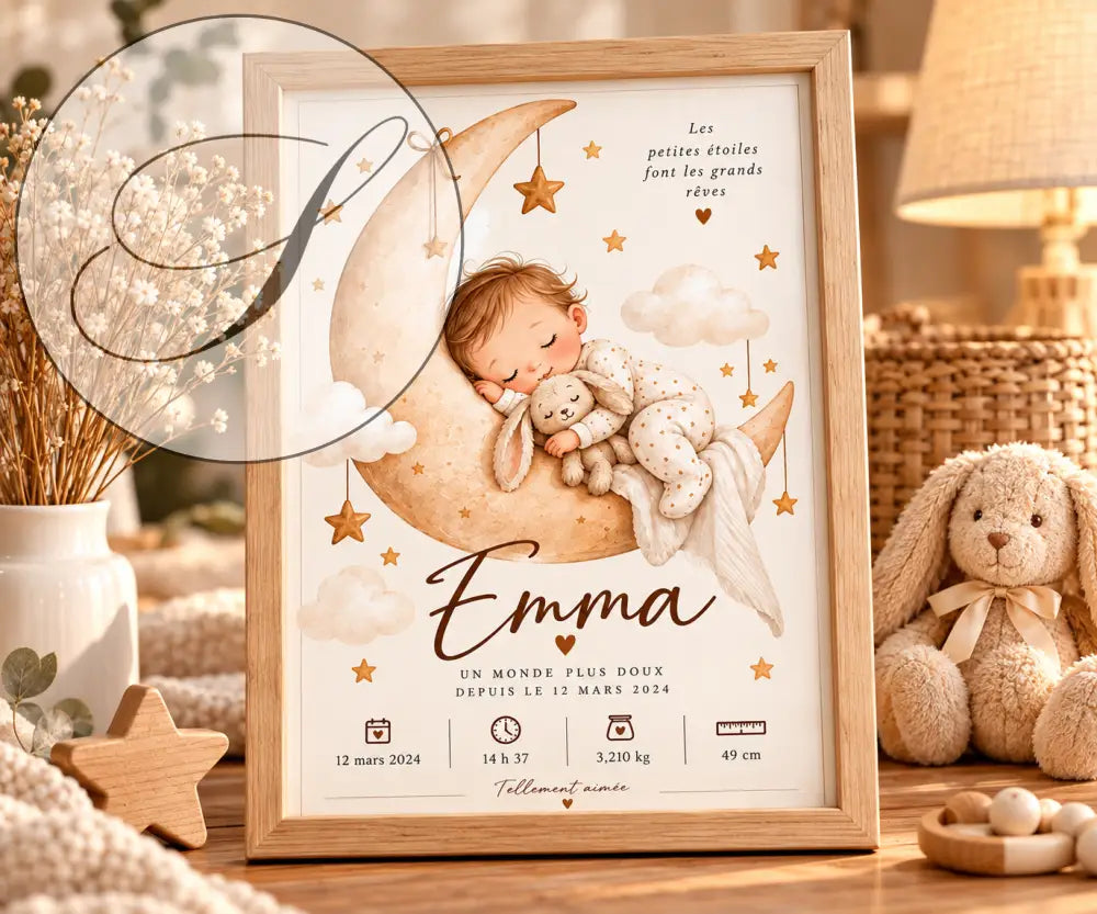 Personalized baby on the moon birth poster in soft beige, birth and christening gift