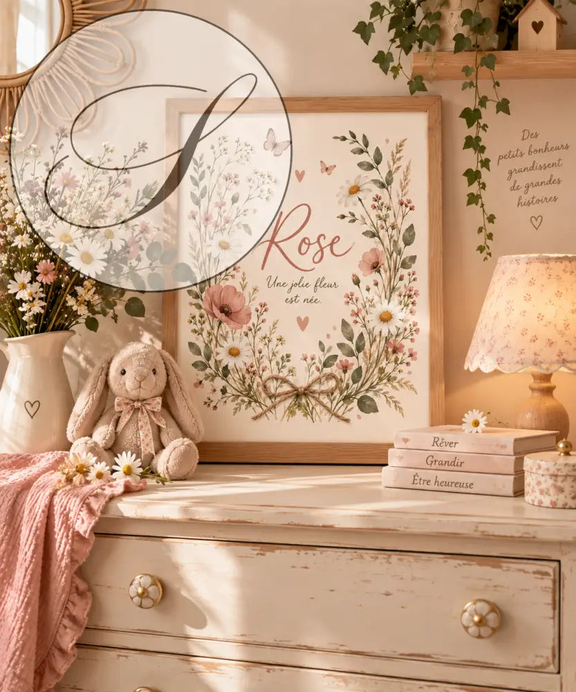 Affiche prénom fleurie bébé cadeau naissance avec cadre en bois clair et illustration fleurs roses papillons et noeud