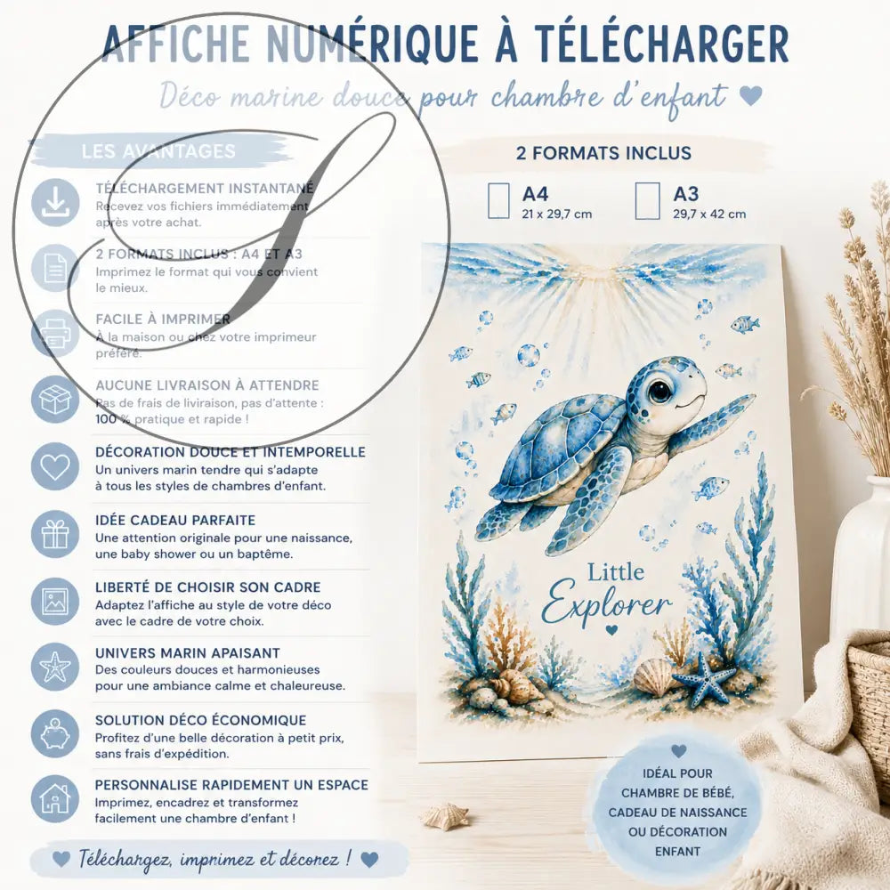 Affiche tortue marine bleue en aquarelle avec corail cadeau naissance little explorer à télécharger