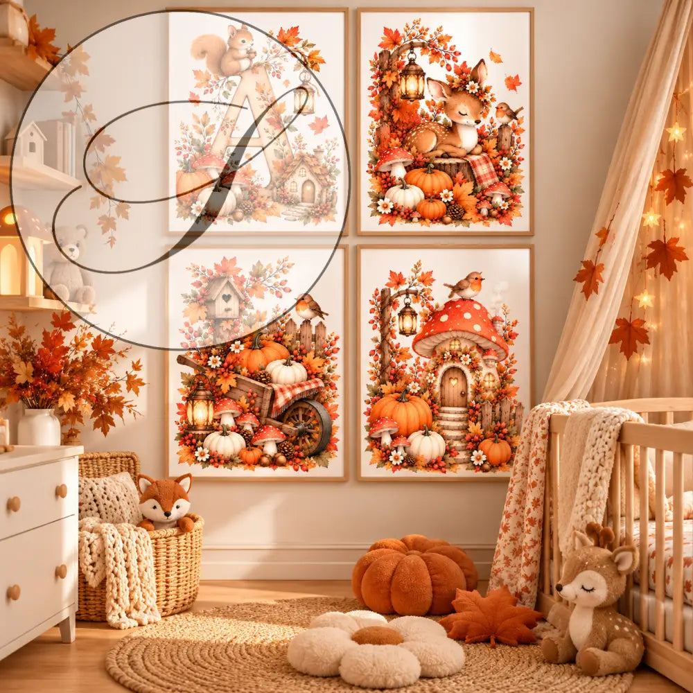 Quatre affiches cadrees automne avec animaux bois, citrouilles et feuillage en tons chauds pour cadeau naissance personnalisé