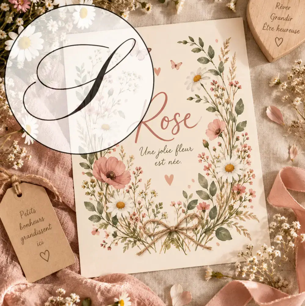 Affiche prénom fleurie crème avec impression florale délicate et prénom rose en script rose pour cadeau naissance bébé