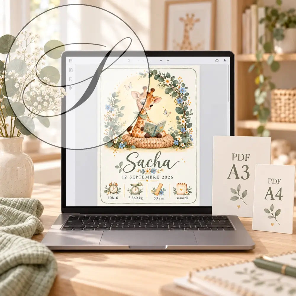 Carte de naissance personnalisé bébé avec girafe mignonne lisant dans un panier en osier entourée de fleurs et papillons