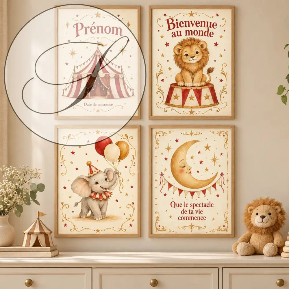 Set of four personalized circus posters with striped big top, lion, elephant and moon, ideal baby gift