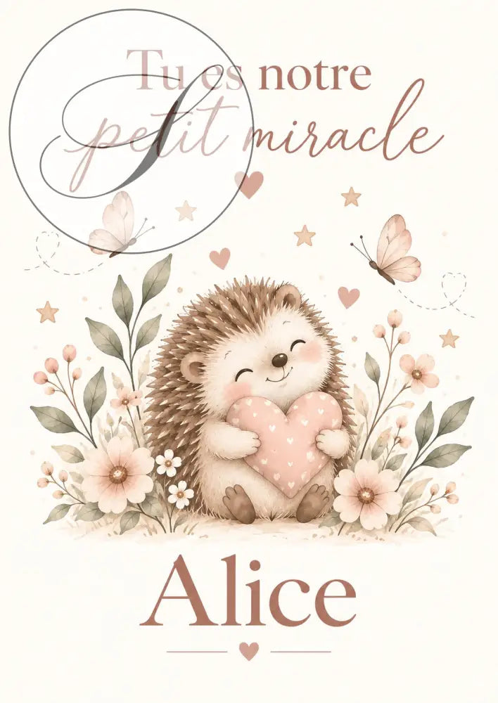 Illustration mignonne de hérisson tenant un coeur rose entouré de fleurs et papillons pour cadeau naissance personnalisé