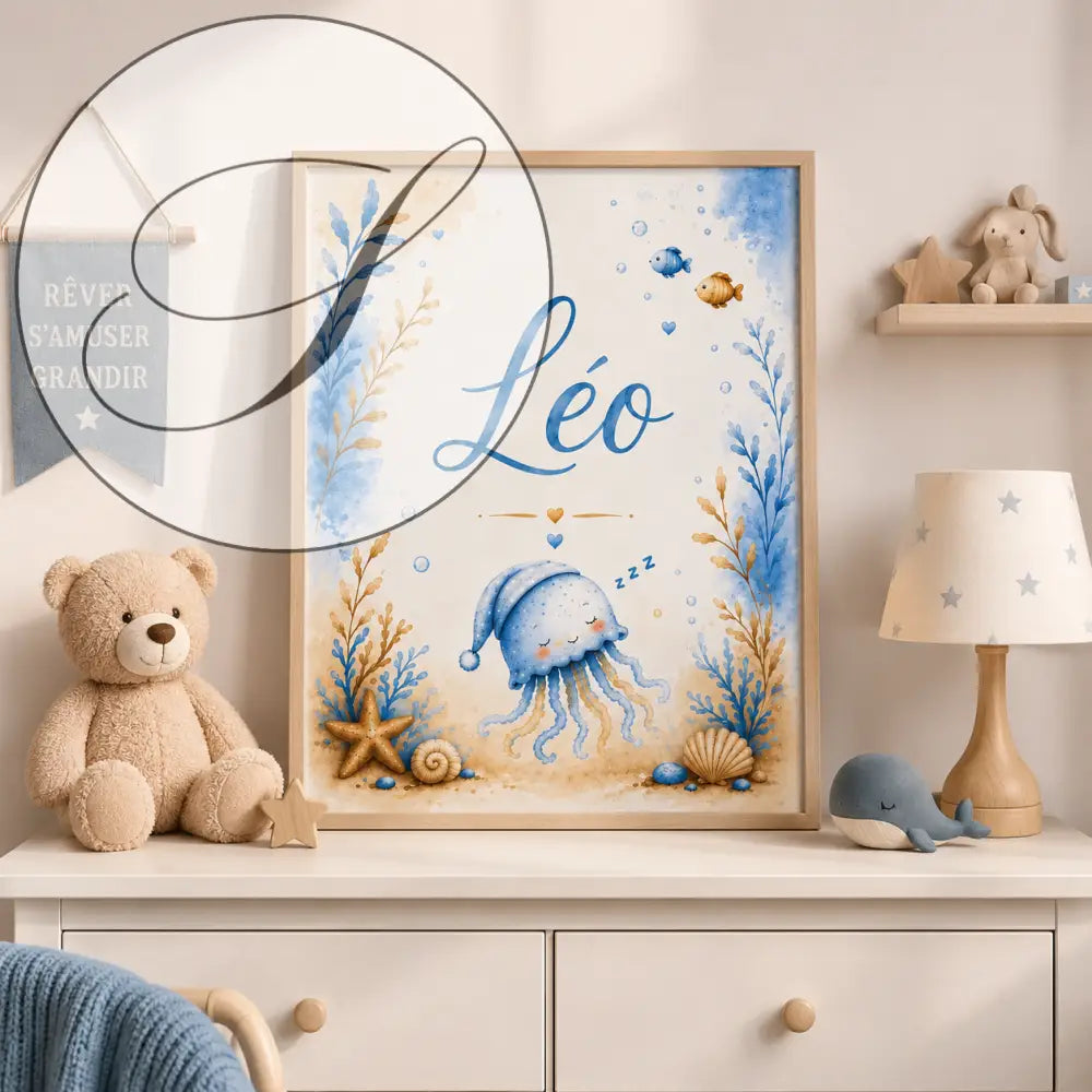 Affiche prénom personnalisée format a4 avec un cadeau naissance aquatique bleu avec méduse endormie nom léo